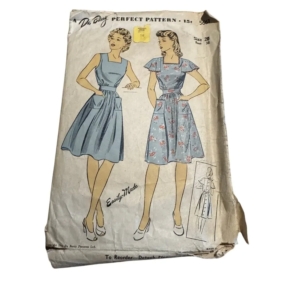 Vintage 1943 DuBarry Sewing Pattern 5661 Pinafore House Dress Size 20 Bust 38